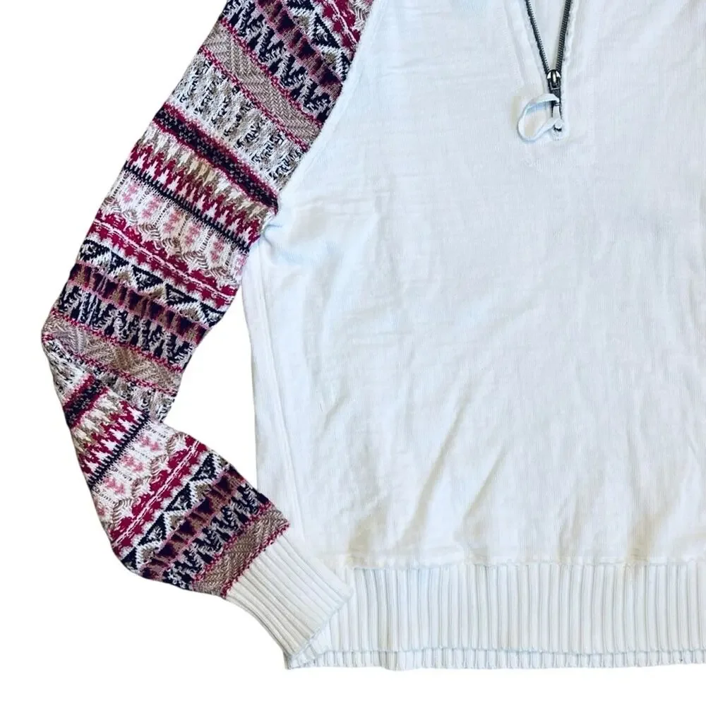 Sundance Women’s Sz S White Quarter Zip Sweater Fair Isle Sleeve Knit Cotton